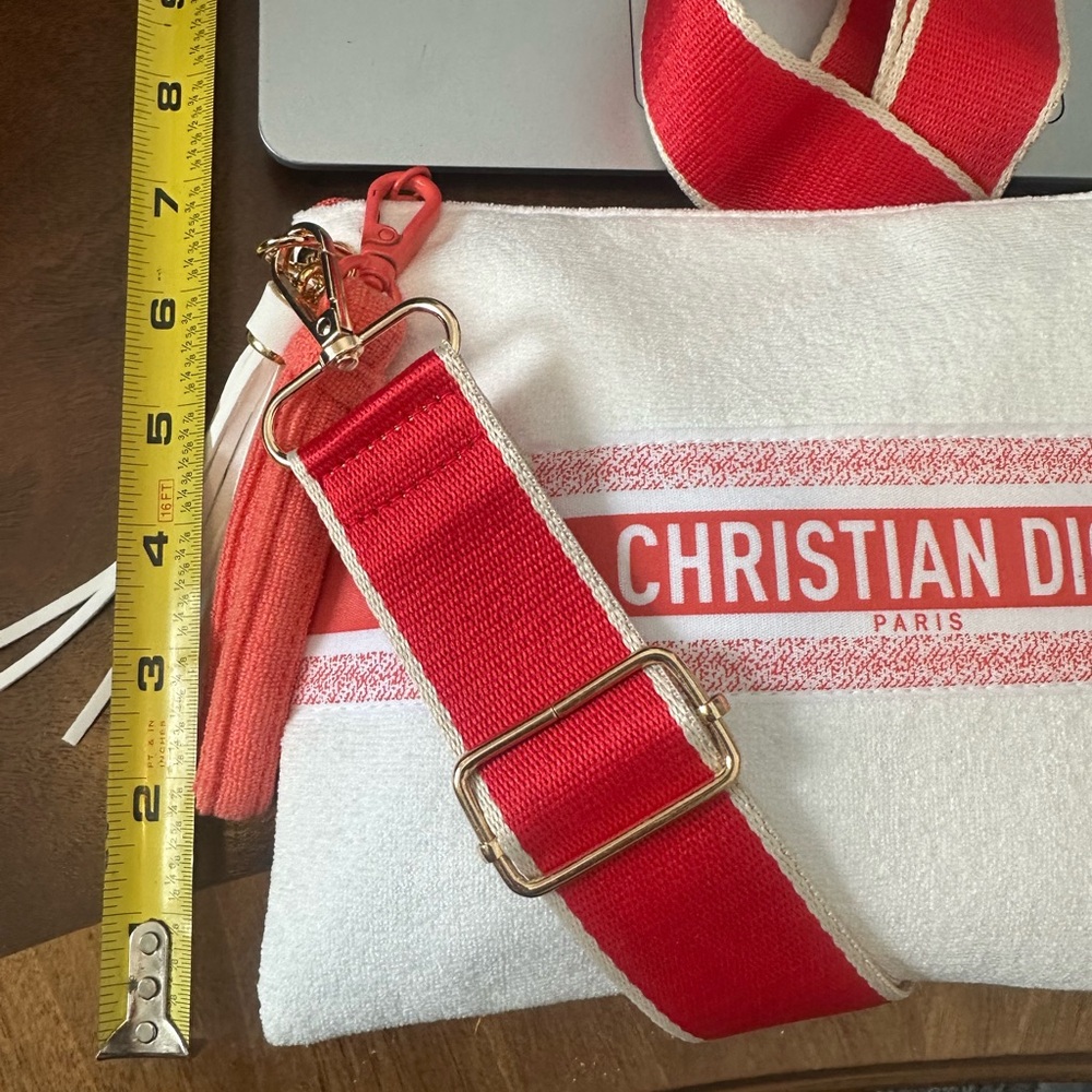 Dior White Canvas Cosmetic Pouch with Red Accent and Strap - Picture 6 of 8